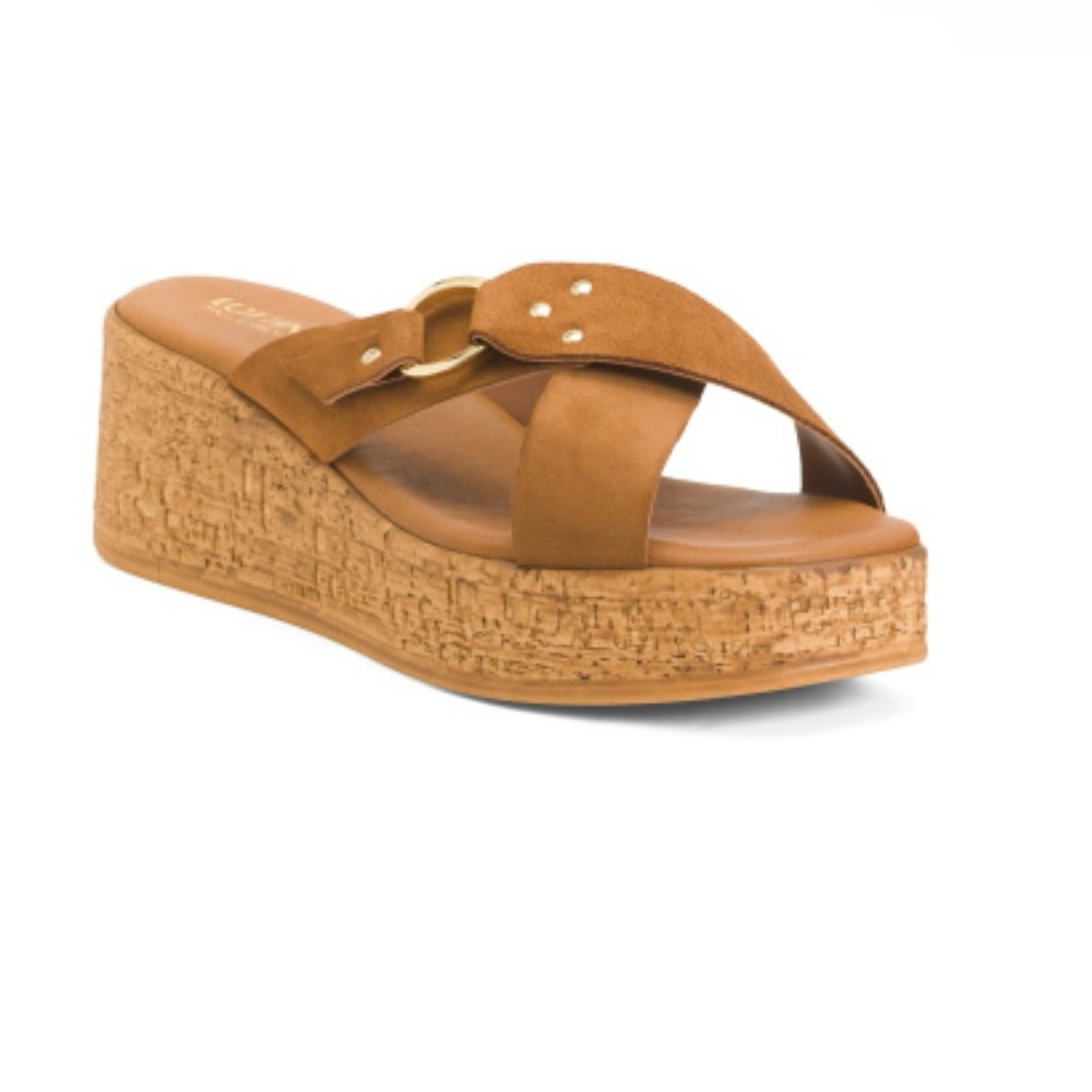 LOTTINI Made In Italy Suede Cross Band‎ Wedge Sandals Gold Buckle Size 9.5 NWOB